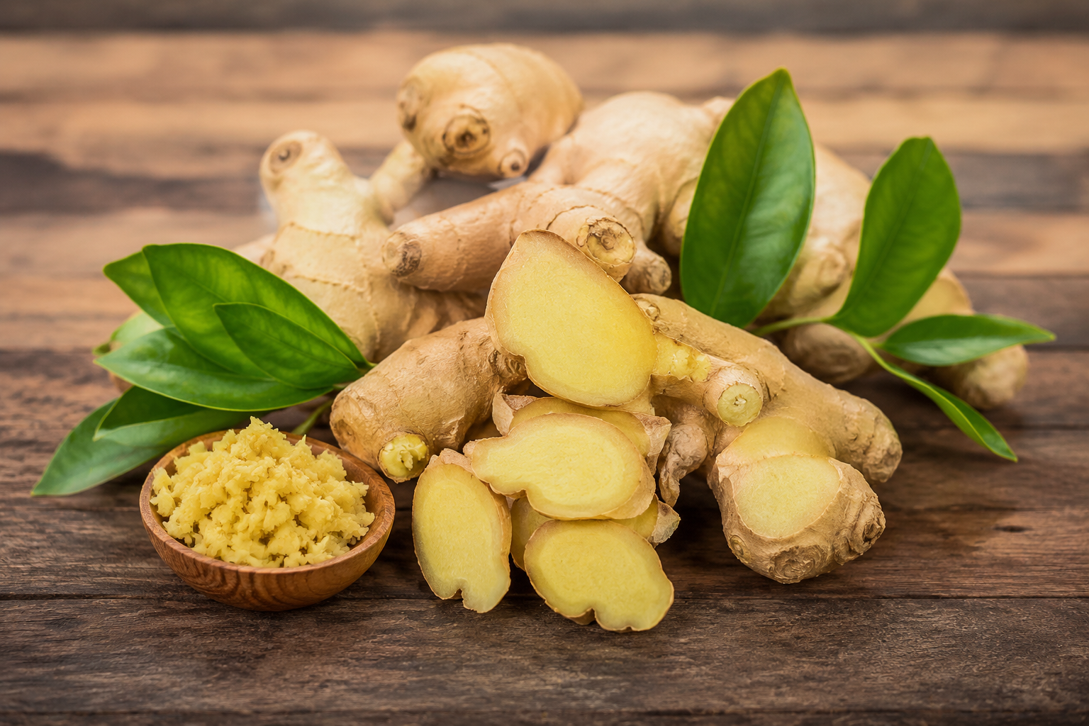Fresh whole and sliced ginger roots with grated ginger in a wooden bowl on a rustic wooden table.