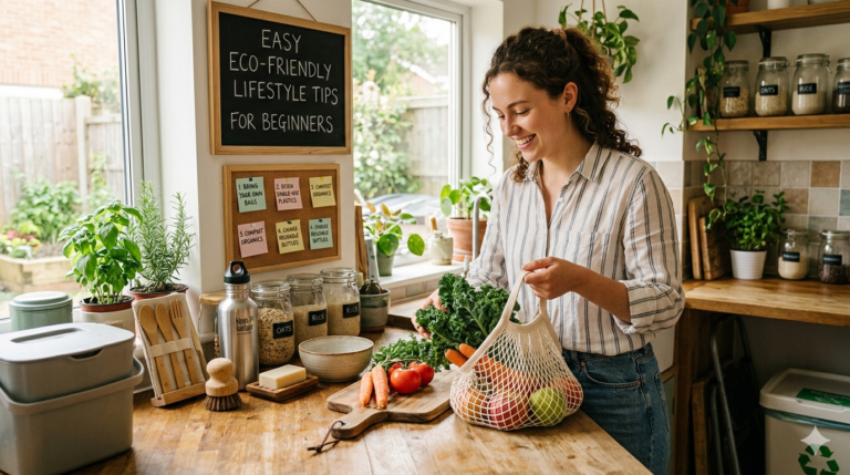 A smiling young woman in a bright, sunlit kitchen unpacking fresh vegetables from a reusable mesh grocery bag onto a wooden countertop. The kitchen features eco-friendly elements like glass storage jars, potted herbs, and a chalkboard reading "Easy Eco-Friendly Lifestyle Tips for Beginners."