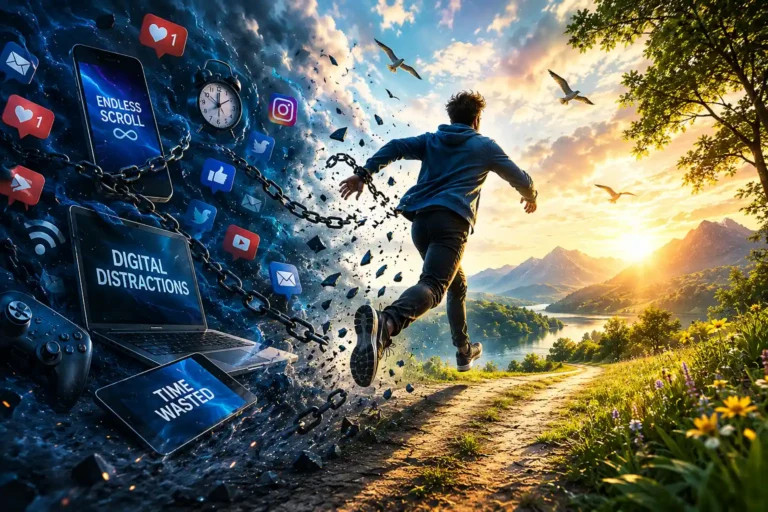 A surreal digital art piece showing a man running away from a dark vortex of screens and social media icons toward a bright, sunny landscape.