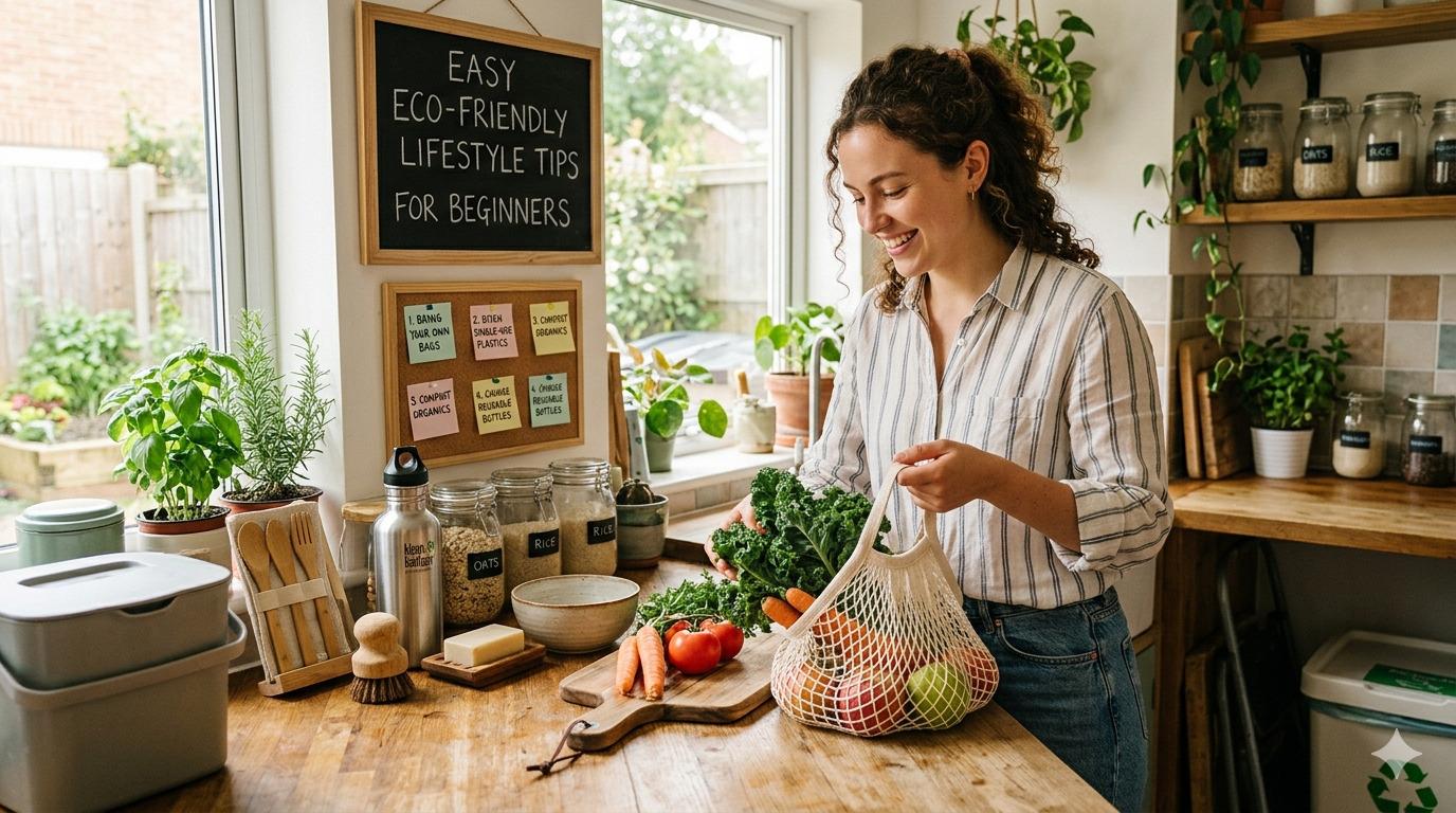 A person practicing eco-friendly lifestyle habits, illustrating sustainable living tips for beginners