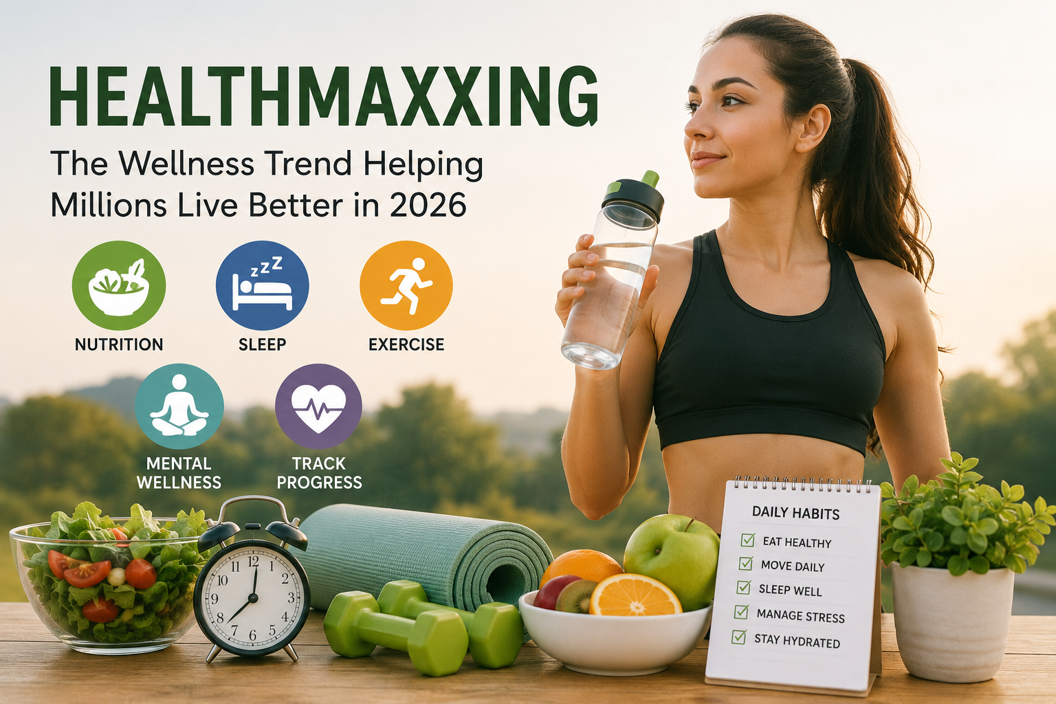 A healthy woman holding a water bottle beside fresh fruits, vegetables, yoga mat, and fitness equipment, illustrating the healthmaxxing lifestyle focused on nutrition, exercise, sleep, mental wellness, and healthy daily habits.
