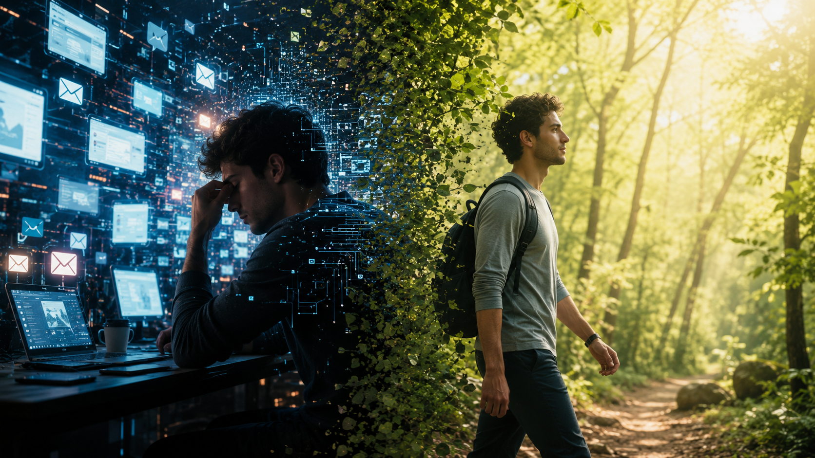 A split-scene image of a man transitioning from a stressful digital workspace filled with glowing AI screens, notifications, and emails to a peaceful walk through a sunlit forest, symbolizing the journey from technology overload to mindfulness, healthy habits, and mental well-being.
