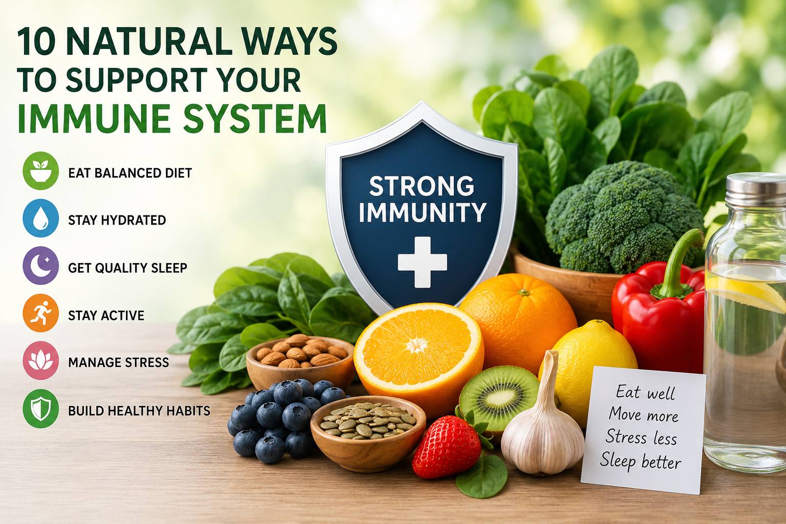 Colorful infographic featuring fresh fruits, vegetables, nuts, water, and a shield symbol representing 10 natural ways to support a healthy immune system through nutrition, hydration, exercise, sleep, and healthy habits.