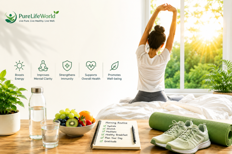 Person practicing a healthy morning routine with stretching, hydration, nutritious breakfast, and sunrise, promoting better health, energy, and overall well-being.
