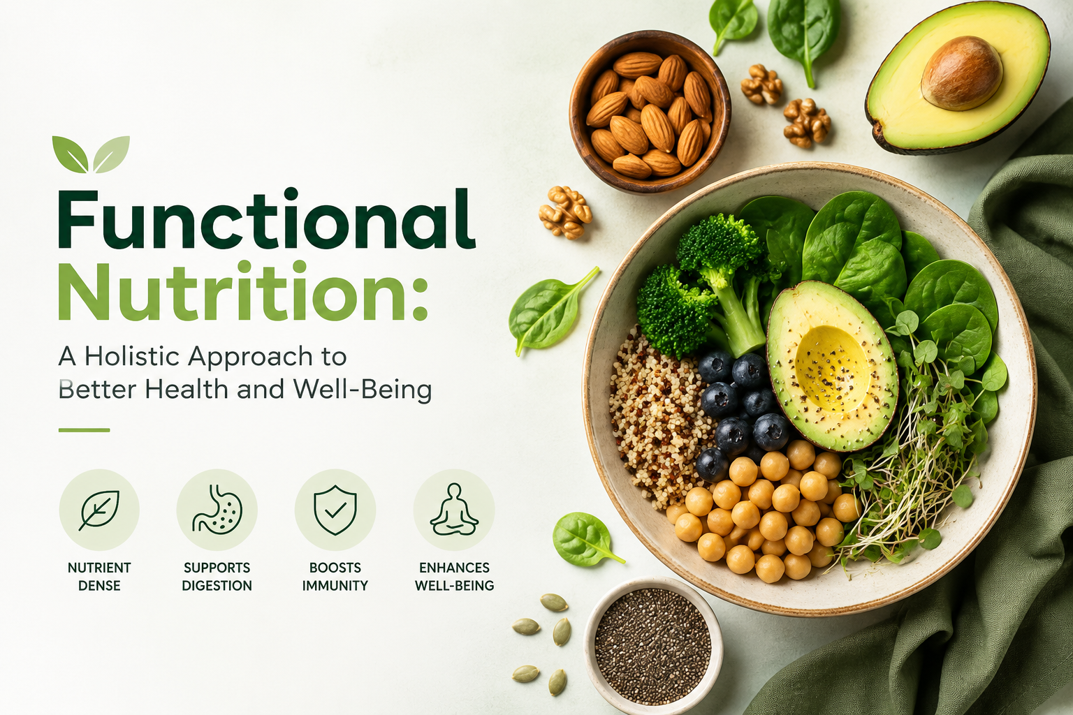 Healthy functional nutrition bowl with avocado, spinach, broccoli, quinoa, chickpeas, blueberries, almonds, and chia seeds, representing a holistic approach to better health, digestion, immunity, and overall well-being.