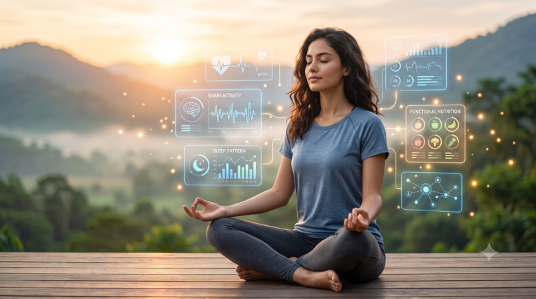 A woman meditating peacefully in a serene mountain setting, surrounded by glowing digital dashboards displaying AI-powered health metrics like sleep patterns, heart rate, and functional nutrition.