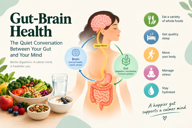Gut-brain health infographic showing the connection between the brain, gut microbiome, and digestive system, with healthy lifestyle and food choices.