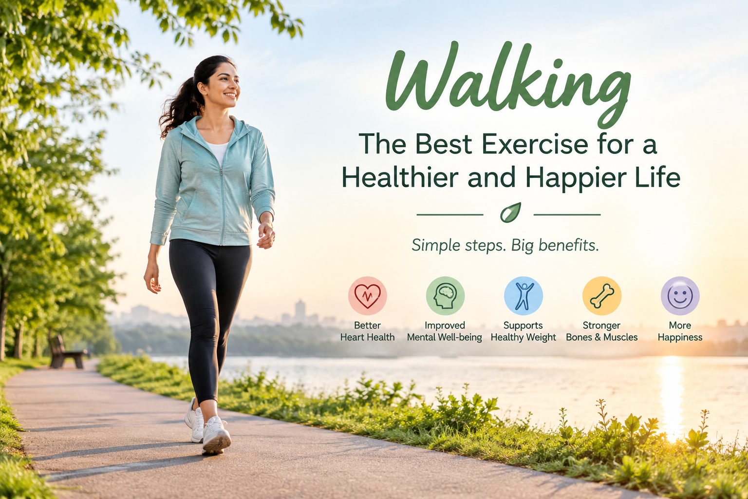 Woman walking outdoors on a scenic lakeside path for better health and fitness