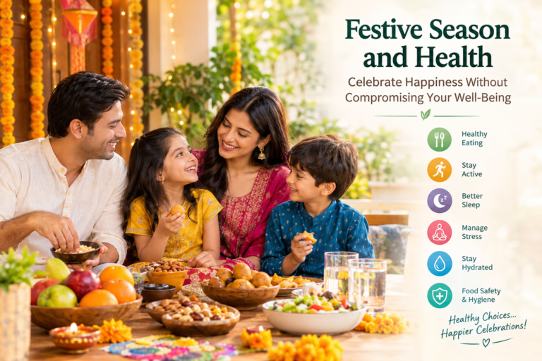 Family celebrating the festive season with healthy food, highlighting wellness, balanced eating, physical activity, and happiness.