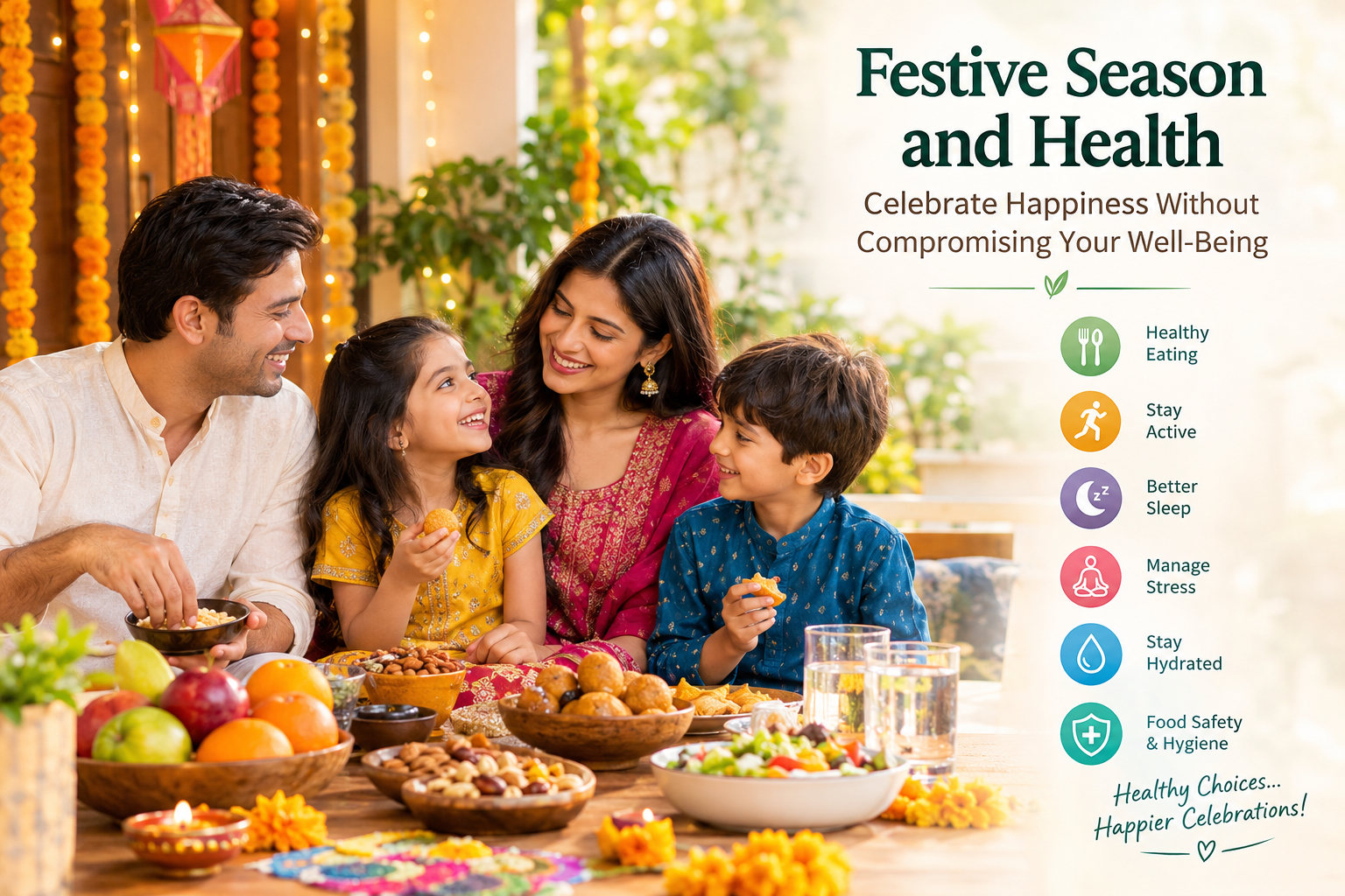 Family celebrating the festive season with healthy food, highlighting wellness, balanced eating, physical activity, and happiness.
