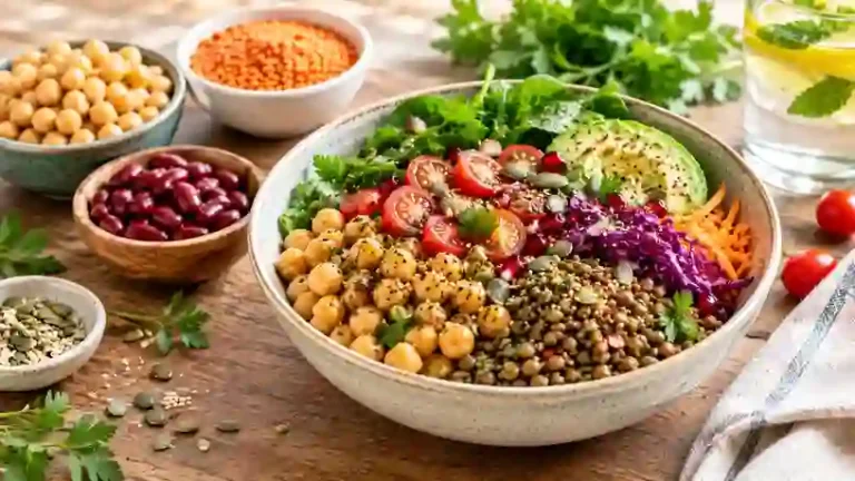 A bowl of chickpeas, lentils, beans and fresh vegetables illustrating nutritious plant-based foods rich in protein and fibre.
