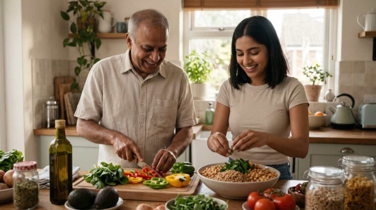 An older man and a young woman laughing together while preparing a colorful meal with fresh vegetables, olive oil, and whole foods in a natural, sunlit home kitchen