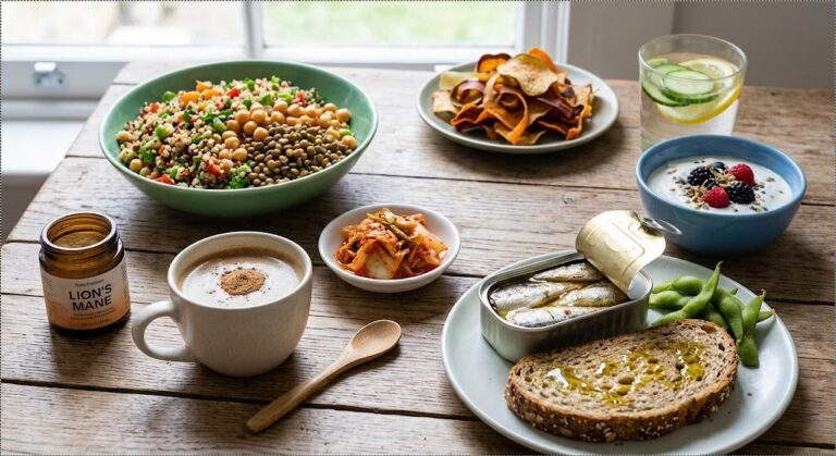 Colourful healthy foods including whole grains, chickpeas, leafy greens, berries, nuts and fermented vegetables.