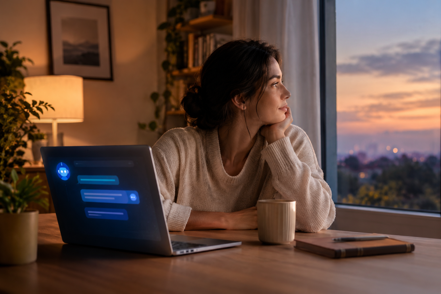 Woman reflecting beside a laptop with an AI conversation while considering human connection