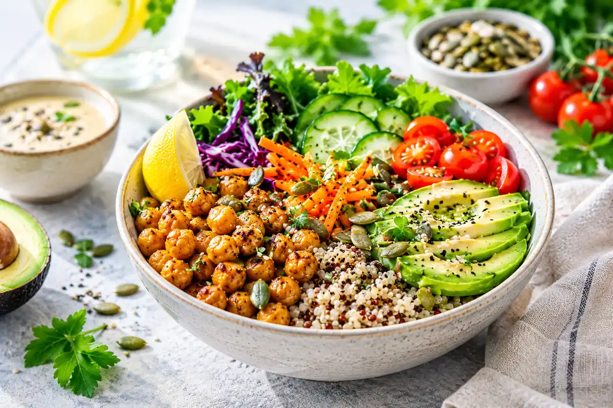 Colourful healthy grain bowl with quinoa, leafy greens, chickpeas, fresh vegetables and avocado.