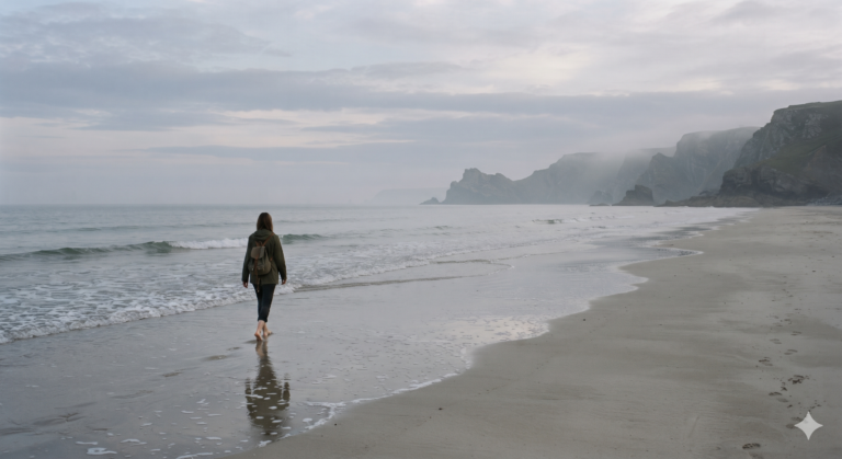 Traveller walking along a peaceful shoreline in the morning during a wellness-focused holiday.
